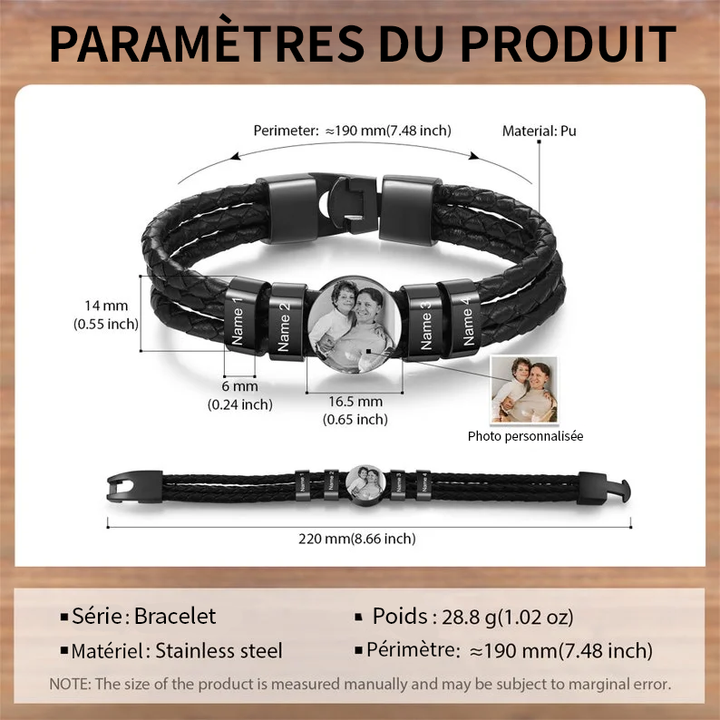 Bracelet en cuir avec photo personnalisée avec noms et perles