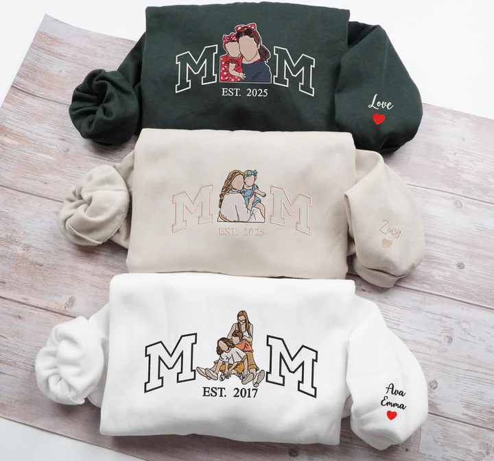 Sweat-shirt brodé avec portrait de maman et d'enfants et photo